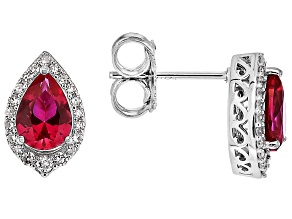 Lab Created Ruby and Lab-Grown Diamond Rhodium Over Sterling Silver Halo Stud Earrings 1.60ctw