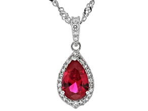Lab Created Ruby and Lab-Grown Diamonds Rhodium Over Silver Halo Pendant With 18" Chain 1.52ctw
