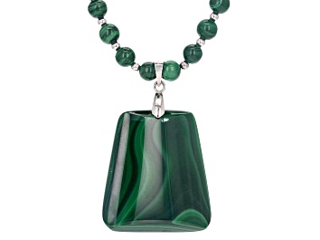 Picture of Green Malachite Rhodium Over Sterling Silver Bead Necklace
