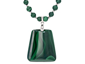 Green Malachite Rhodium Over Sterling Silver Bead Necklace