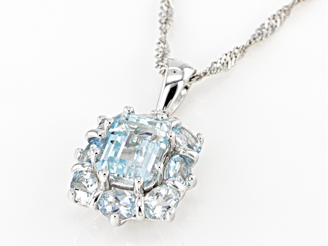Blue aquamarine rhodium over sterling silver pendant with chain 2.17ctw