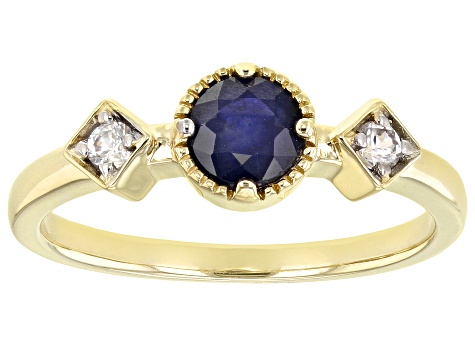 Blue Sapphire And White Zircon 14K Yellow Gold 3-Stone Ring .65ctw