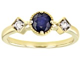 Blue Sapphire And White Zircon 14K Yellow Gold 3-Stone Ring .65ctw