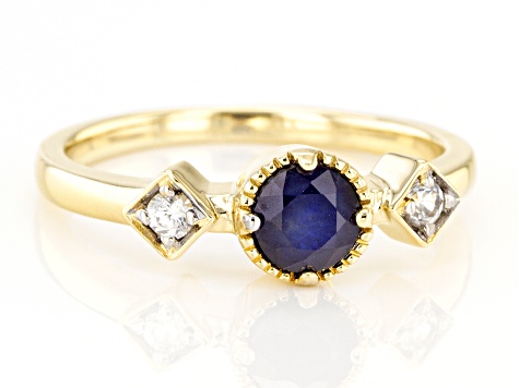 Blue Sapphire And White Zircon 14K Yellow Gold 3-Stone Ring .65ctw