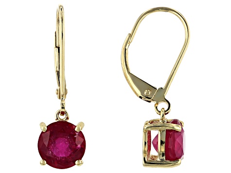 Gem Stone King 3.54 Ct Round Red Created Ruby 925 Yellow Gold Plated Silver Earrings 