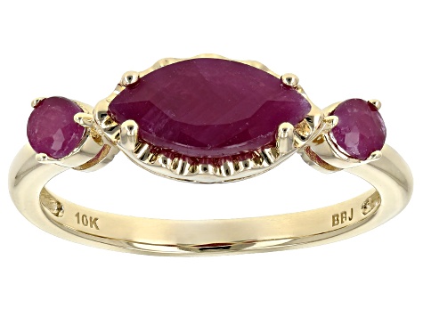Red Ruby 10k Yellow Gold 3-Stone Ring 1.22ctw