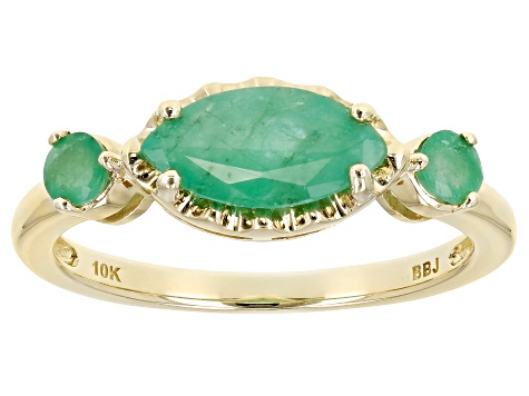 Green Sakota Emerald 10k Yellow Gold 3-Stone Ring .89ctw