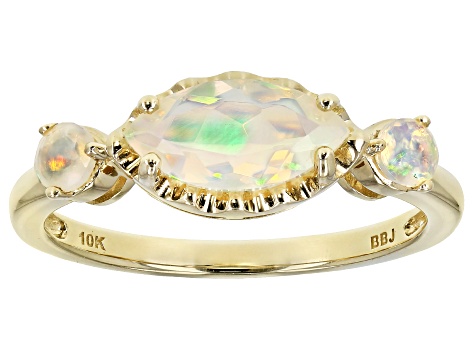 Multi Color Ethiopian Opal 10k Yellow Gold 3-Stone Ring