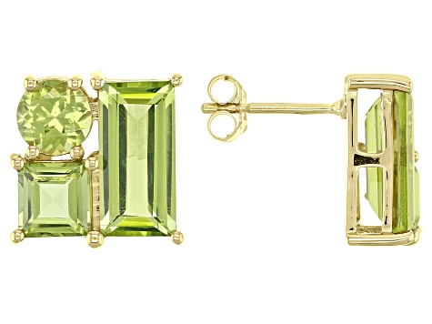 Green Peridot 10k Yellow Gold Stud Earrings 4.40ctw