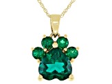 Green Lab Created Emerald 10k Yellow Gold Paw Pendant With Chain. 1.61ctw