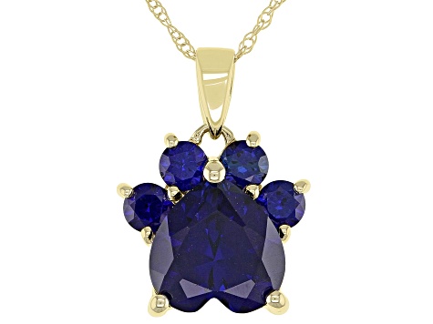 Blue Lab Created Sapphire 10k Yellow Gold Paw Pendant With Chain. 2.42ctw
