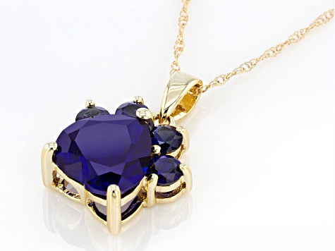 Blue Lab Created Sapphire 10k Yellow Gold Paw Pendant With Chain. 2.42ctw