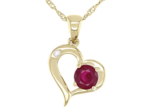 Red Mahaleo® Ruby With Round White Diamond 10k Yellow Gold Heart Pendant With Chain .63ctw