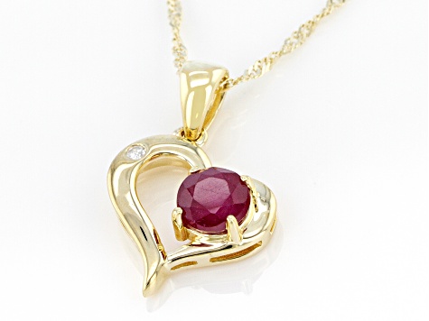 Red Mahaleo® Ruby With Round White Diamond 10k Yellow Gold Heart Pendant With Chain .63ctw