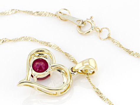 Red Mahaleo® Ruby With Round White Diamond 10k Yellow Gold Heart Pendant With Chain .63ctw