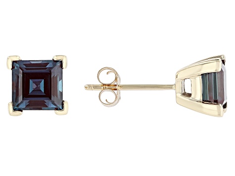 Blue Lab Created Alexandrite 10k Yellow Gold Stud Earrings 2.21ctw