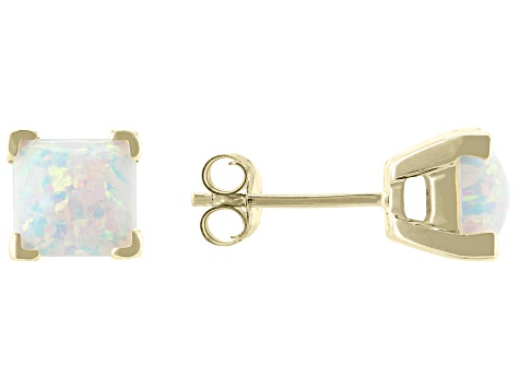 White Lab Created Opal 10k Yellow Gold Stud Earrings 1.19ctw