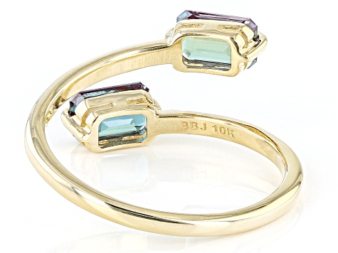 Blue Lab Created Alexandrite 10k Yellow Gold 2-Stone Bypass Ring 1.00ctw