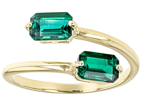 Green Lab Created Emerald 10k Yellow Gold 2-Stone Bypass Ring 0.85ctw