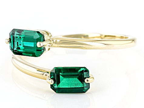Green Lab Created Emerald 10k Yellow Gold 2-Stone Bypass Ring 0.85ctw