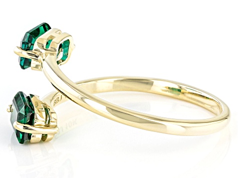 Green Lab Created Emerald 10k Yellow Gold 2-Stone Bypass Ring 0.85ctw
