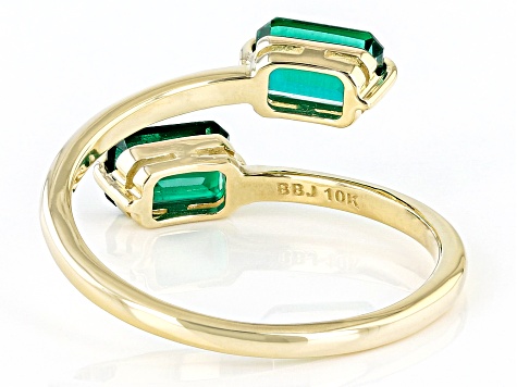 Green Lab Created Emerald 10k Yellow Gold 2-Stone Bypass Ring 0.85ctw