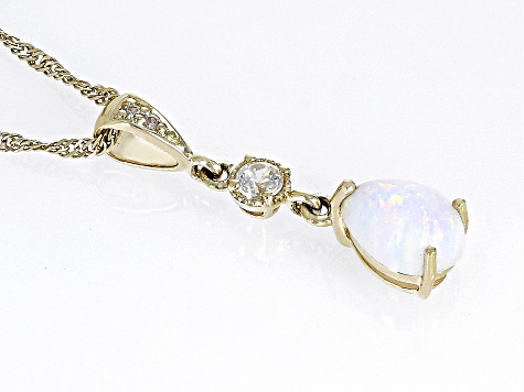 White Lab Created Opal 10k Yellow Gold Pendant with Chain 0.54ctw