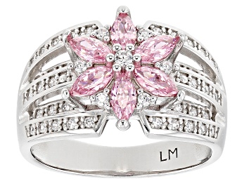 Picture of Pink And White Cubic Zirconia Platinum Over Silver Flower Ring 1.19ctw