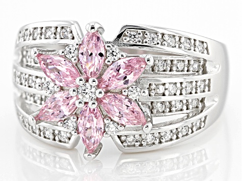 Pink And White Cubic Zirconia Platinum Over Silver Flower Ring 1.19ctw