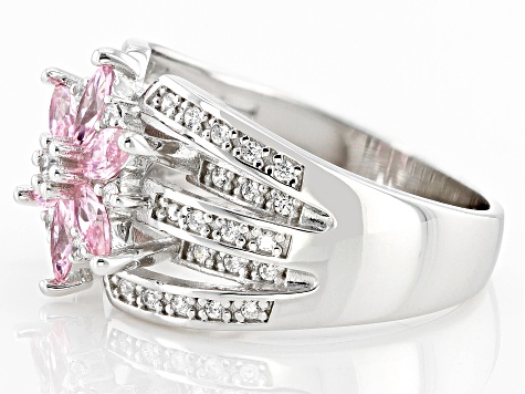 Pink And White Cubic Zirconia Platinum Over Silver Flower Ring 1.19ctw