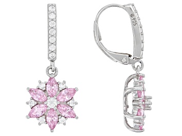 Picture of Pink And White Cubic Zirconia Platinum Over Silver Flower Earrings 2.55ctw