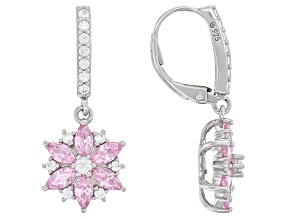 Pink And White Cubic Zirconia Platinum Over Silver Flower Earrings 2.55ctw
