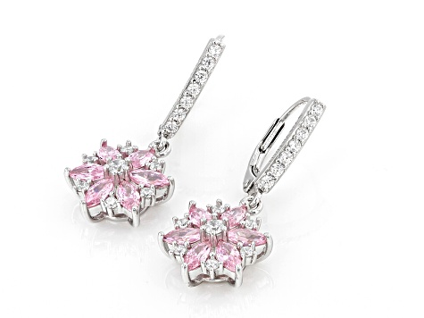 Pink And White Cubic Zirconia Platinum Over Silver Flower Earrings 