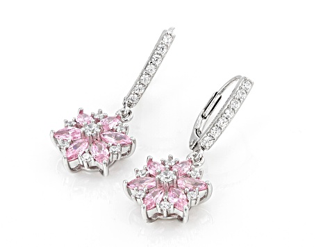 Pink And White Cubic Zirconia Platinum Over Silver Flower Earrings 2.55ctw