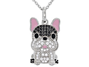 Cubic Zirconia And Black Spinel Platinum Over Silver French Bulldog Pendant 0.35ctw