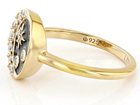 White Cubic Zirconia 18k Yellow Gold Over Sterling Silver And Black Enamel Celestial Ring 0.52ctw