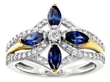 Picture of Blue And White Cubic Zirconia Platinum And 18k Yellow Gold Over Silver I Love You Ring 2.36ctw