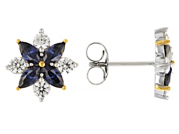 Picture of Blue And White Cubic Zirconia Platinum And 18k Yellow Gold Over Silver I Love You Earrings 3.20ctw