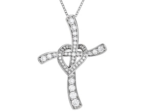 White Cubic Zirconia Platinum Over Silver Heart Of Love Cross Pendant 2.10ctw