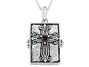 Lab Created Ruby And White Cubic Zirconia Platinum Over Silver I Love You Cross Pendant 0.53ctw