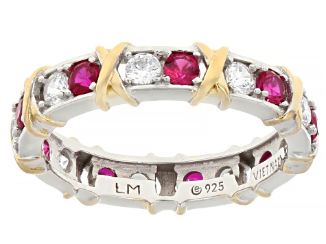 Lab Created Ruby and Cubic Zirconia Platinum and 18k Yellow Gold Over Sterling Silver Ring 1.80ctw