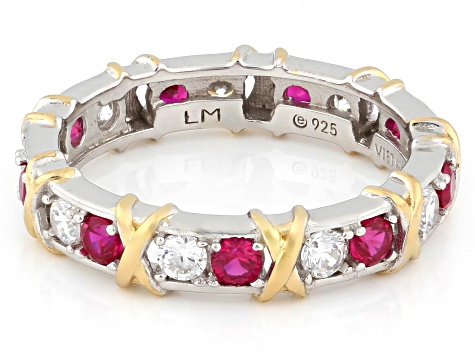 Lab Created Ruby and Cubic Zirconia Platinum and 18k Yellow Gold Over Sterling Silver Ring 1.80ctw