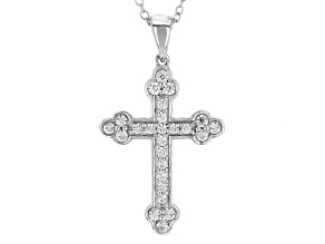 White Cubic Zirconia Rhodium Over Sterling Silver Cross Pendant With Chian .95ctw