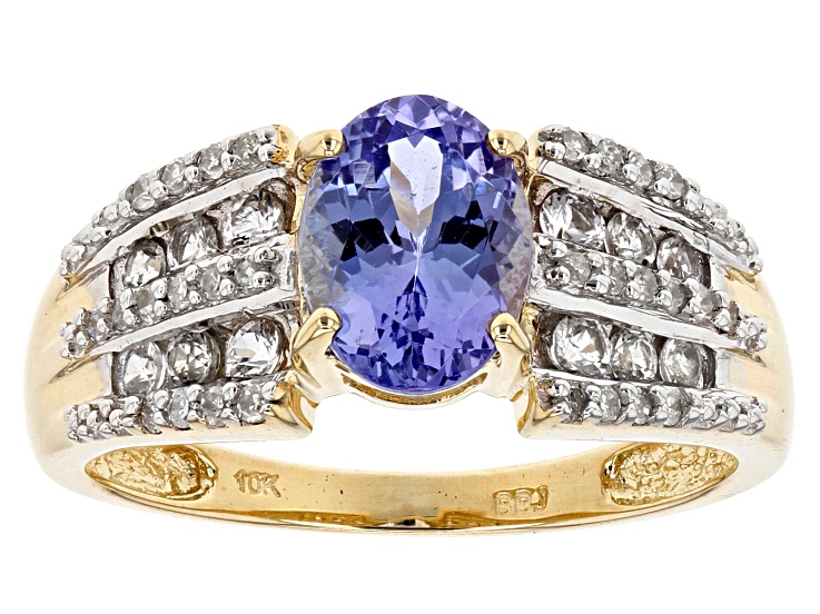 Blue Tanzanite with White Sapphire and White Diamond 10k Yellow Gold Ring 1.90ctw