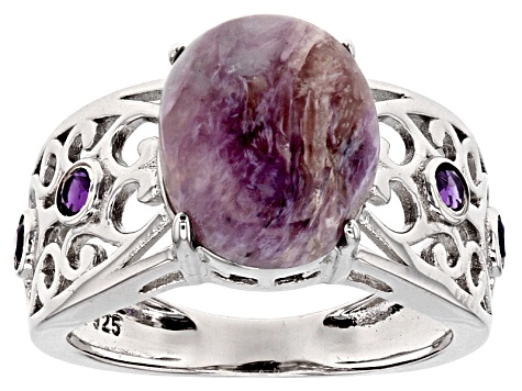 Purple Charoite Rhodium Over Sterling Silver Ring .20ctw