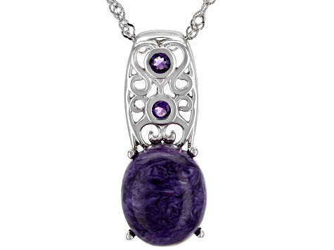 Purple Russian Charoite Rhodium Over Sterling Silver Pendant With Chain ...