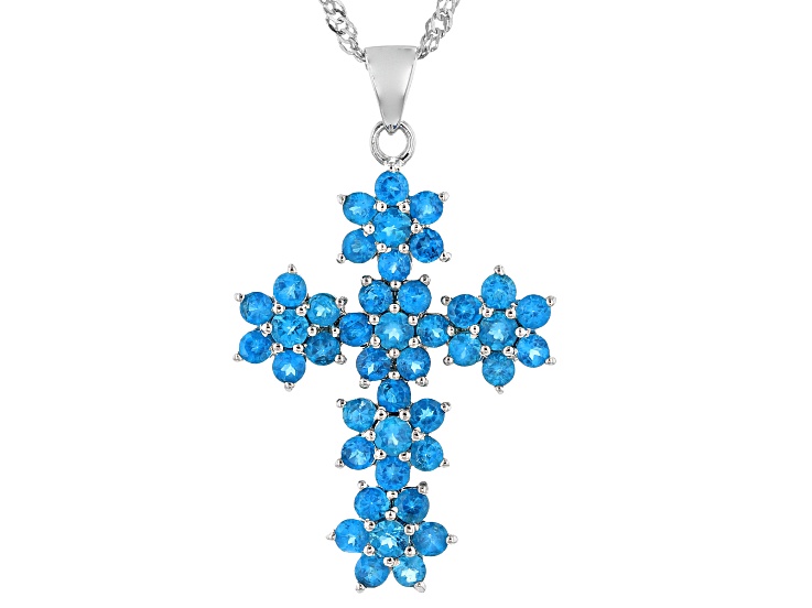 Blue Apatite Rhodium Over Sterling Silver Cross Pendant With