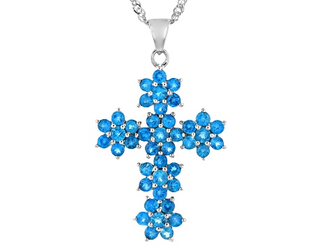 Blue Apatite Rhodium Over Sterling Silver Cross Pendant With Chain 3.25ctw