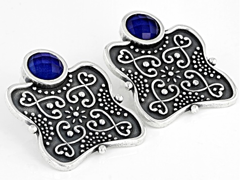 Blue Quartz Doublet Sterling Silver Filigree Stud Earrings