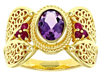 Picture of Amethyst & Ruby 18k Yellow Gold Over Sterling Silver Filigree Ring 0.97ctw